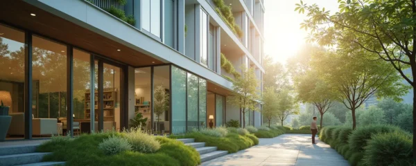 A modern sustainable building with high-performance windows integrating smart glass technology and natural light