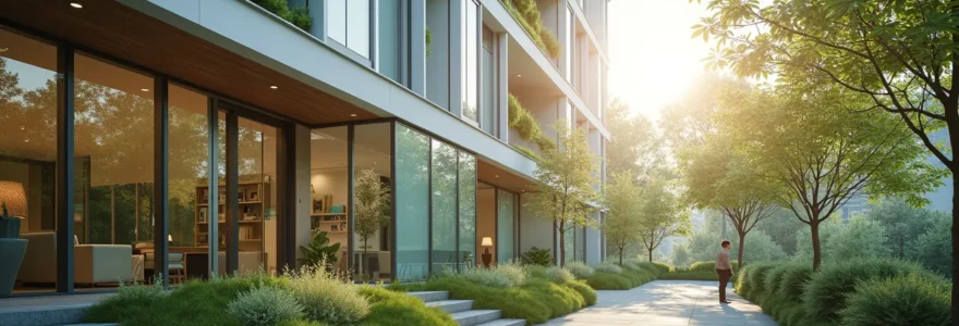 A modern sustainable building with high-performance windows integrating smart glass technology and natural light