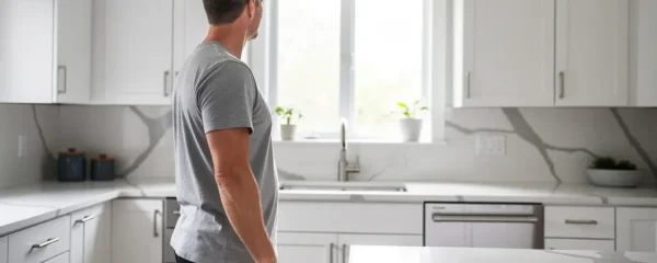 Renovated modern kitchen interior with homeowner admiring new cabinetry in Ottawa home