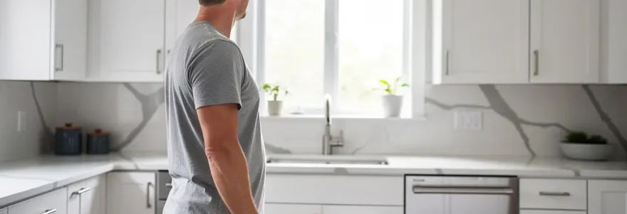 Renovated modern kitchen interior with homeowner admiring new cabinetry in Ottawa home