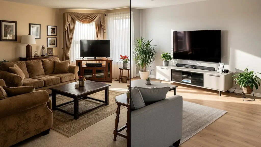 Before and after comparison of Ottawa living space renovation showing transformation