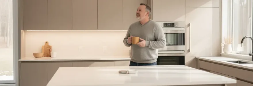 Ottawa homeowner admiring newly renovated kitchen with modern island